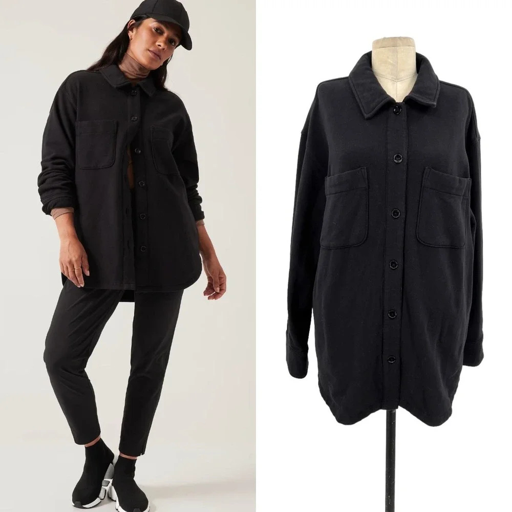 Athleta Retroplush Shirt Jacket In Black Shacket Size Large
